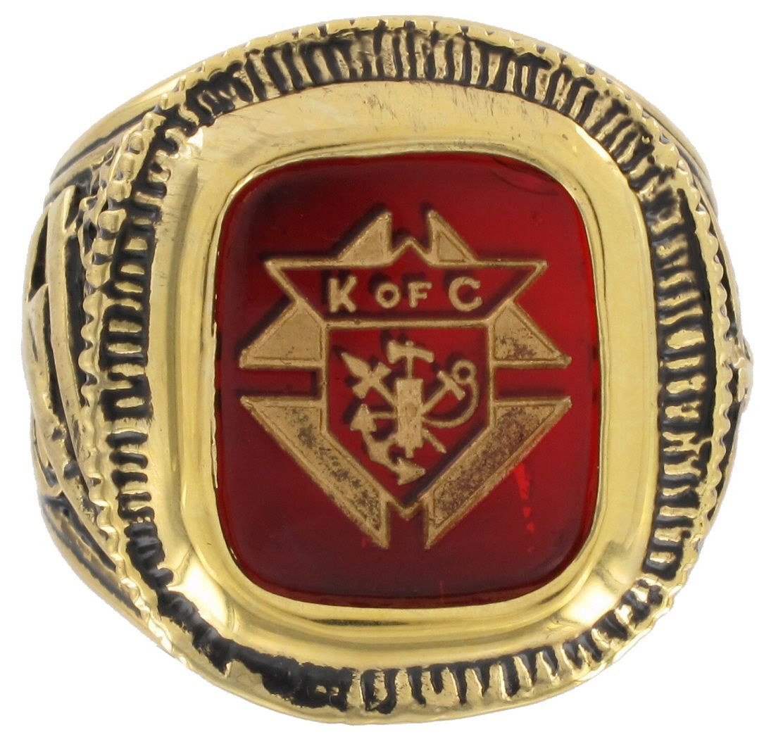 Gold GE Knights of Columbus Red Glass Mens Ring Sz 13