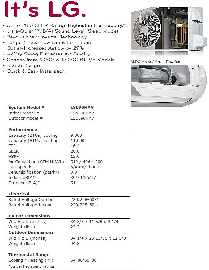 9000 BTU LG Ductless Mini Split Air Conditioner SEER 28 0 Super High