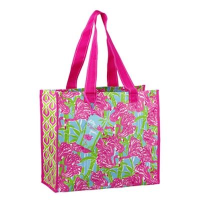 Lilly Pulitzer Market Bag Fan Dance Pink Flamingo Green Recyclable