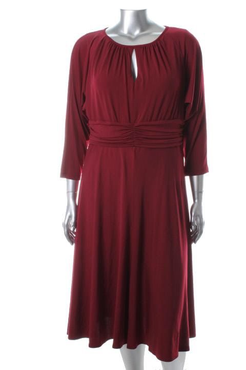 London Times New Red Keyhole Long Sleeve Ruched Casual Dress Plus 18W