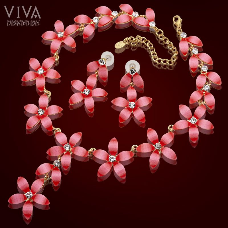 Hot Summer Fashion Pink Flower 18K Gold Plated Necklace Earrings