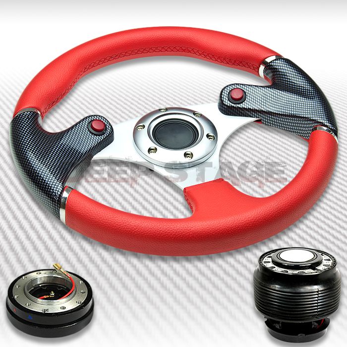 320mm Steering Wheel Red Carbon w NOS Button Hub Quick Release Civic