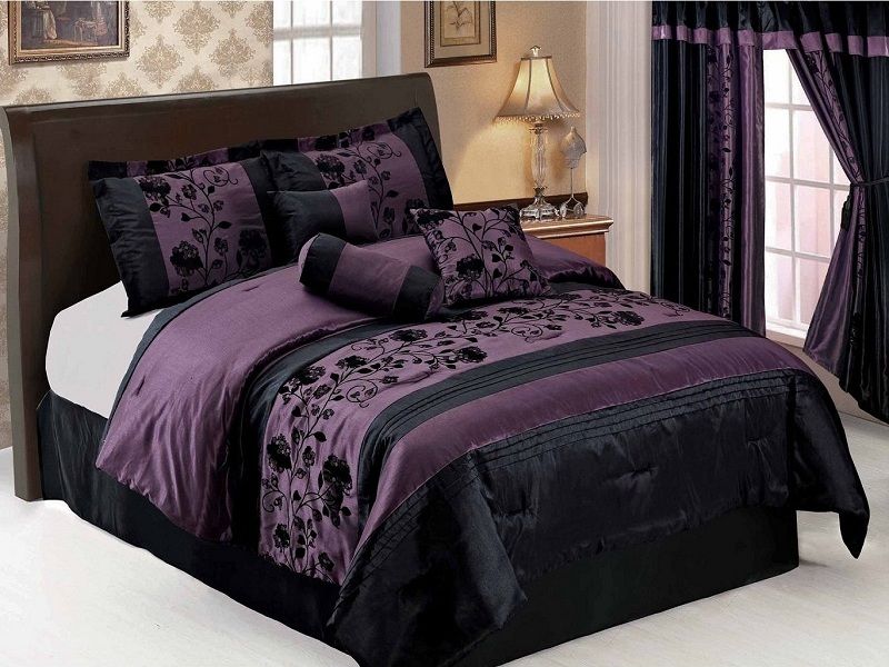 7pcs Purple Black Floral Flocking Faux Silk Comforter Set Bed in a bag