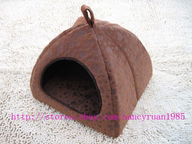 New Sweet Pet Dog Cat Tent House Bed Pink/Brown Heart Grid Small