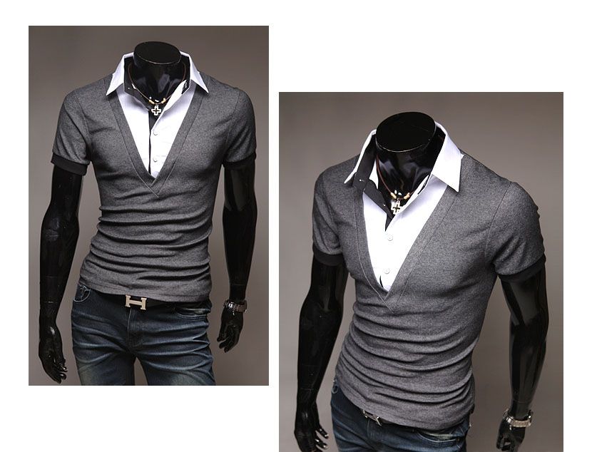 HAPPYMORI] Mens Luxury Casual Formal Slim Fit Layered Collar T Shirt